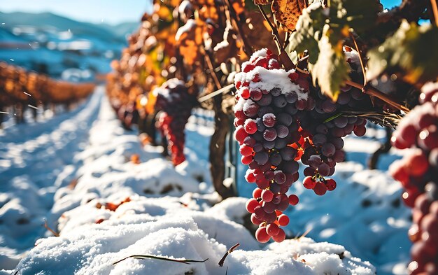 Foto wintermorgen in velden en wijngaarden met de zon die opkomt uit de as