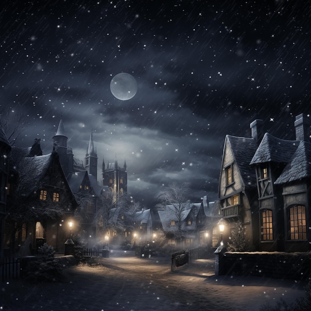 Foto winternacht in het dorp sneeuwval sprookjeslandschap