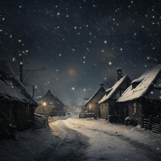 Winternacht in het dorp Sneeuwval sprookjeslandschap