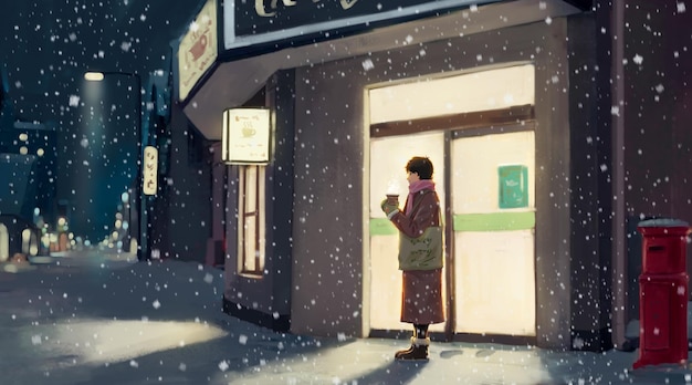 Winternacht Straat Illustratie