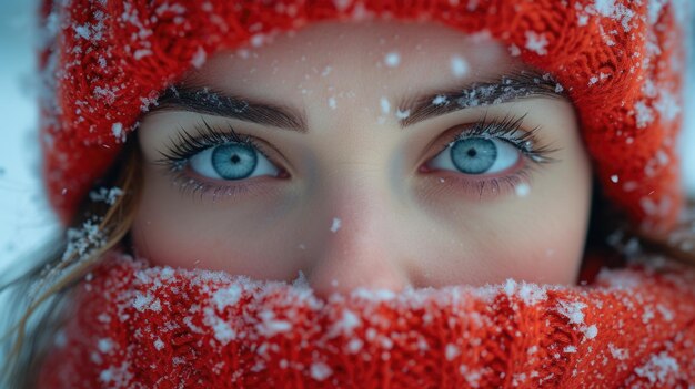 Winterportret van vrouw met sneeuwvlokken op sjaal