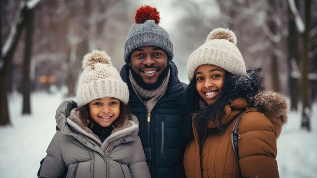 Foto winterportret vrolijke afro-amerikaanse vader en dochters in snowy park