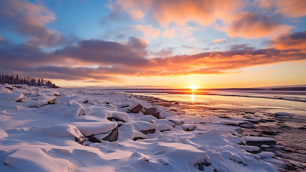 Winterrivier die naar de zee stroomt Een rivier met bevroren randen Winterlandschap met bevroren rivier