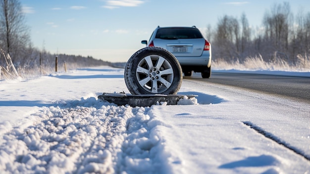 Winterroadsetback Platte band van een auto op sneeuw