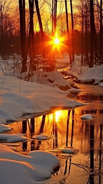 冬の美しさ 自然の静けさ 雪に覆われた風景 夕暮れの森 川 垂直撮影