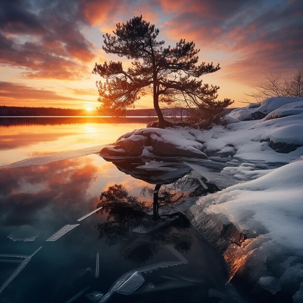 Winters Embrace Lake and Rock Tranquility