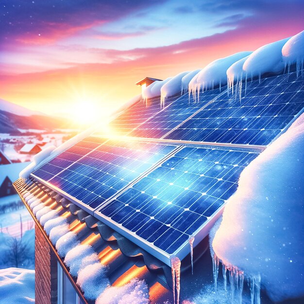 Photo winters embrace snowcapped solar panels at sunrise