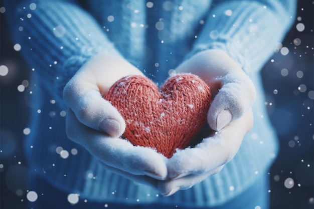 Winters liefdesymbool Vrouwelijke handen handschoenen besneeuwde hart Valentines concept