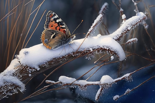 Winters tafereel met vlinder op besneeuwd takje