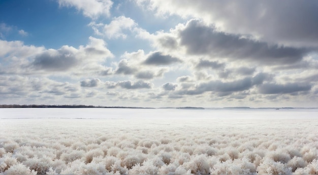 Winterse witte weide met bewolkte blauwe lucht landschap