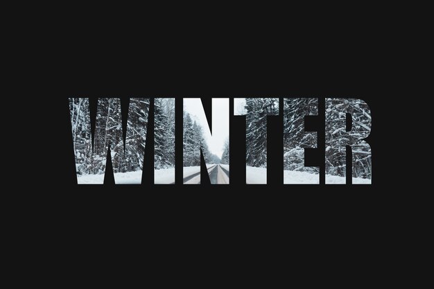 Foto winterseizoen met bos en rechte weg, creatief lettertype. design belettering met een winterlandschap.