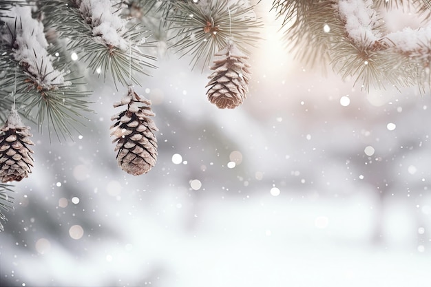 Winterseizoen met sneeuwkappen bedekte takken van dennenbomen in het kerstfeest Generative Ai