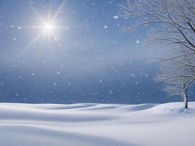 Wintersneeuwachtergrond met sneeuwbanken met prachtig licht en sneeuwvlokken aan de blauwe lucht