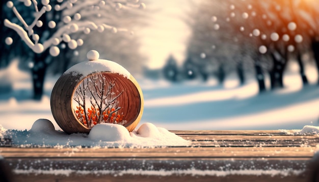 Wintersneeuwlandschap met houten tafel ervoor