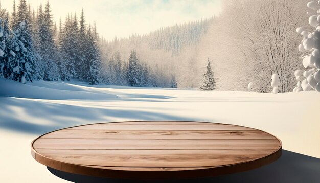 Wintersneeuwlandschap met houten tafel ervoor