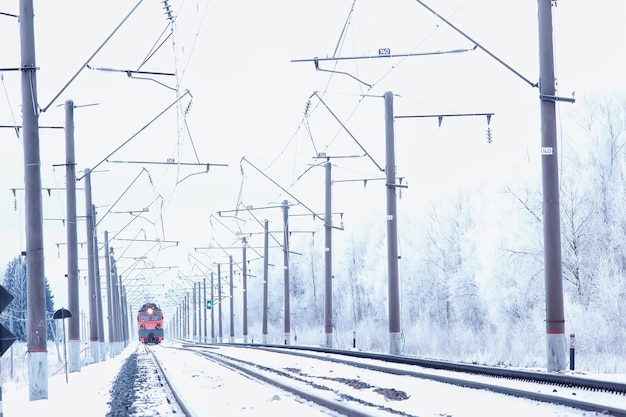 winterspoorweglandschap, zicht op de rails en draden van de spoorlijn, winterbezorgroute