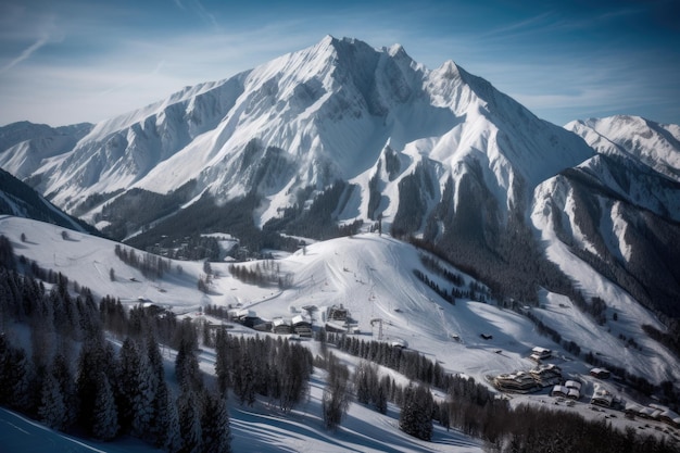 Wintersportbestemming met majestueuze bergketen op de achtergrond gemaakt met generatieve AI