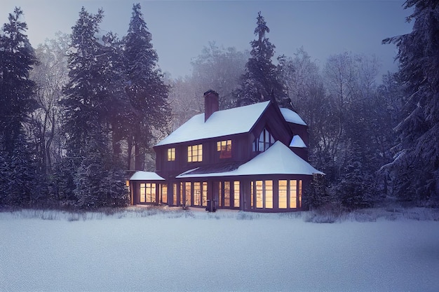 Wintersprookjeshuisje in een prachtig besneeuwd bos