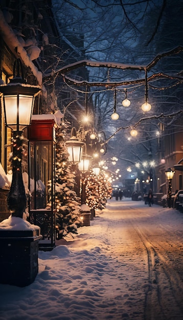 Winterstraat 's nachts met lantaarns en kerstbomen bedekt met sneeuw