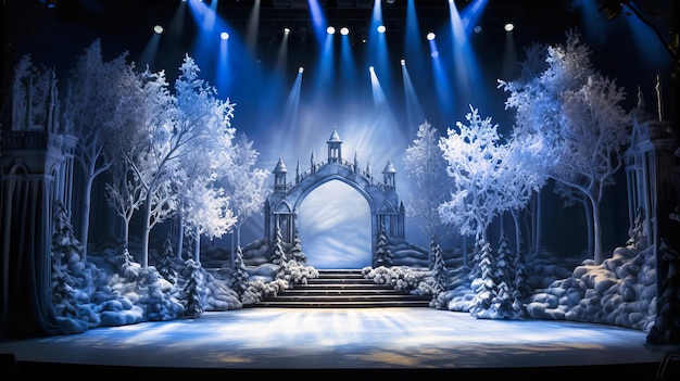 A winterthemed stage where artificial snowflakes drift down and pine trees line the backdrop