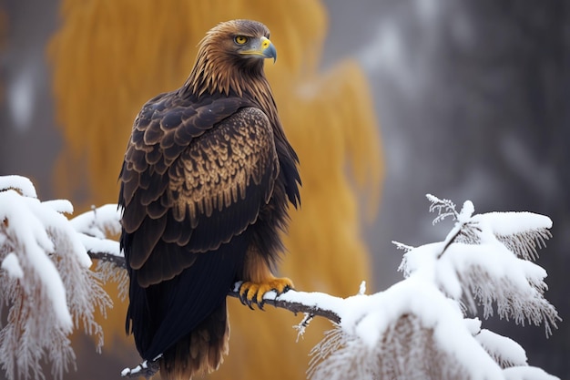 Зимний беркут Aquila chrysaetos сидит на ветке