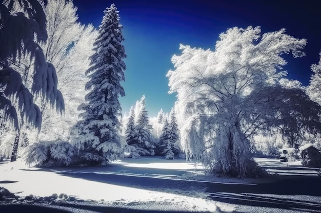 아름다운 나무와 눈으로 겨울 자연을 볼 수 있습니다. Generative AI