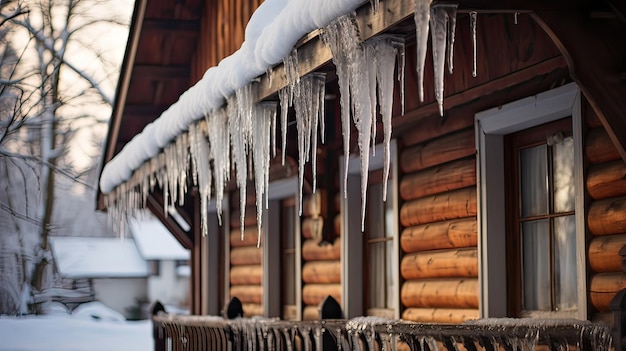 A wintertime spectacle that enhances the cabins charm Icicles winter log cabin eaves picturesque glistening frosty natures decoration Generated by AI