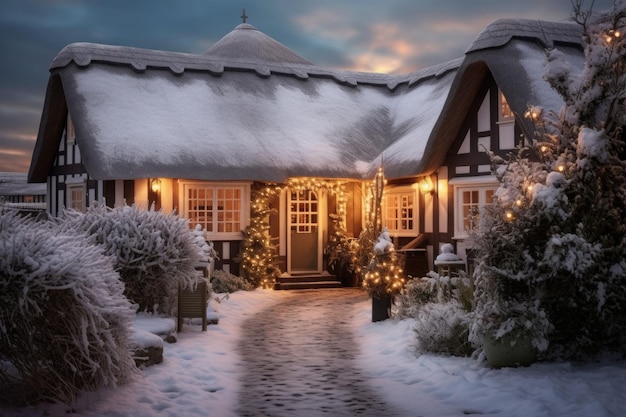 Wintertime thatched cottage near to beach Decorated with lights christmas decoration AI generated