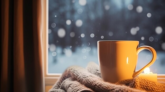 Wintervakantie avond rustig en gezellig thuis kopje thee of koffie kopje en gebreide deken bij het raam op het Engelse platteland huisje vakantie sfeer inspiratie