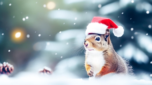 Wintervakantie compositie met schattige eekhoorn in Kerstman hoed op besneeuwde landschap-achtergrond
