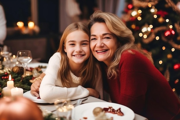 Wintervakantie en mensenconcept oma met haar kleindochter aan tafel viert kerstmis en nieuwjaar Thuisvakantie Onscherpe achtergrond Selectieve focus