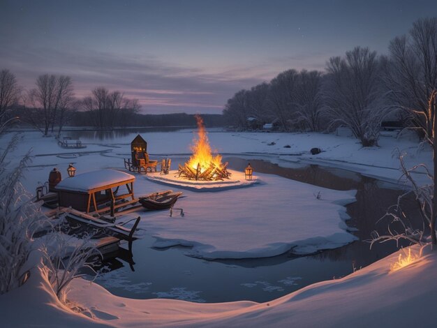 Wintervisserij in de olieverf van een dorp