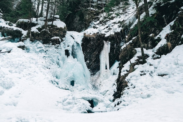 Winterwaterval met bevroren water en sneeuw