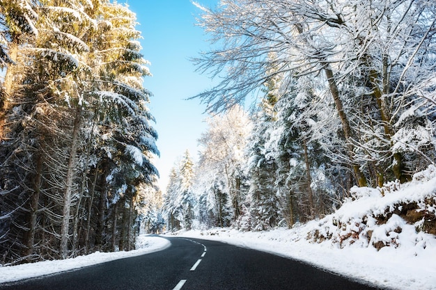 Winterweg met besneeuwde bomen in de bergen van de Alpen, Frankrijk. Prachtig winterlandschap