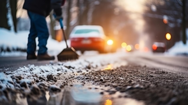 Winterwerk Sneeuw opruimen van stadsstraten te midden van een sneeuwstorm Een glimp van een man conciërge met een B