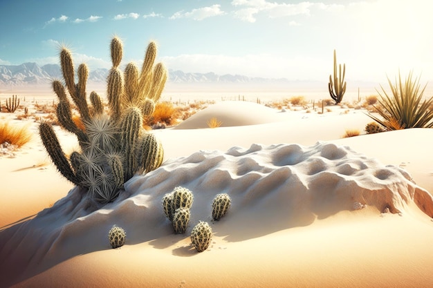 Foto winterwoestijnlandschap met cactussen en zandduinen in zonneschijn generatieve ai