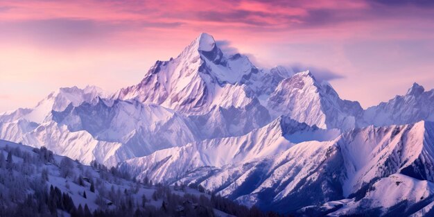 winterwonderland met een panoramisch uitzicht op besneeuwde bergen en een lucht geschilderd in lavendel- en mauve tinten Generatieve AI