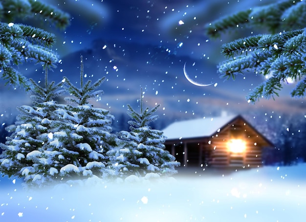 winterwonderland, nacht in bos houten hut dennenboom bedekt met sneeuwvlokken en maan