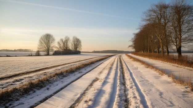Зимняя дорога с полями рядом со свежим слоем снега с технологией генеративного искусственного интеллекта