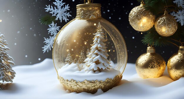 Photo wintery landscape of golden and white christmas ornaments