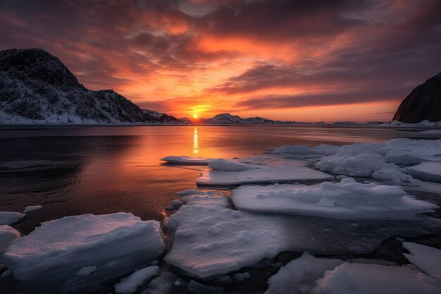 Winterzonsopgang boven bevroren fjord met oranje en roze tinten die door de lucht werpen