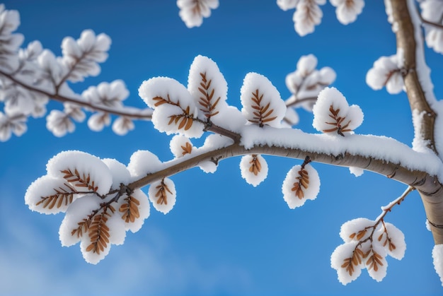 Wintry Elegance Alder Tree Branch Cloaked in Snow