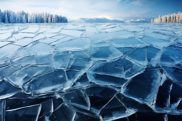 A wintry scene blue ice cracks and pine dotted hillsides