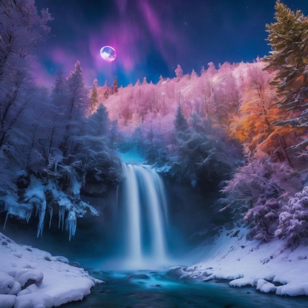 A wintry scene of a waterfall and trees during an eclipse