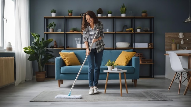 Wiping dust using a mop on the floor