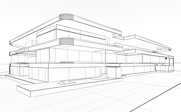 ワイヤーフレーム画像建物構造、建物構造線、3Dレンダリング