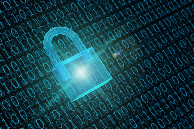 Wire-frame padlock on binary numbers background. information
security concept.