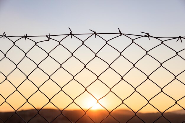 Wire mesh fence on a sunset background