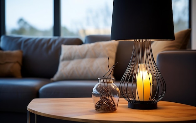 Wire Table Lamp on Wooden Coffee Table Interior Design Illumination Generative AI
