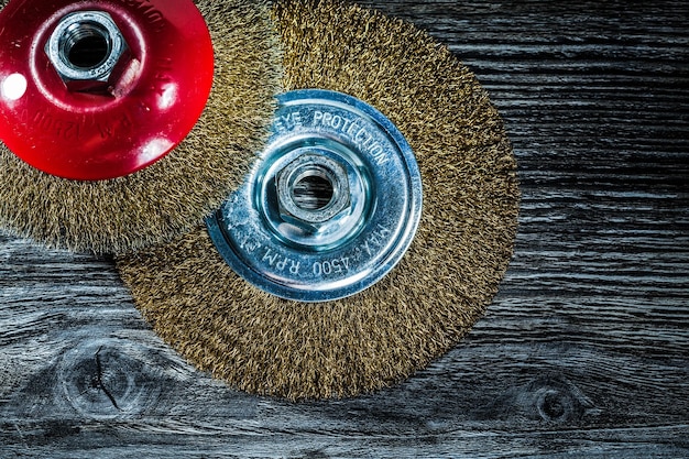 Wire wheel brushes on vintage wooden board